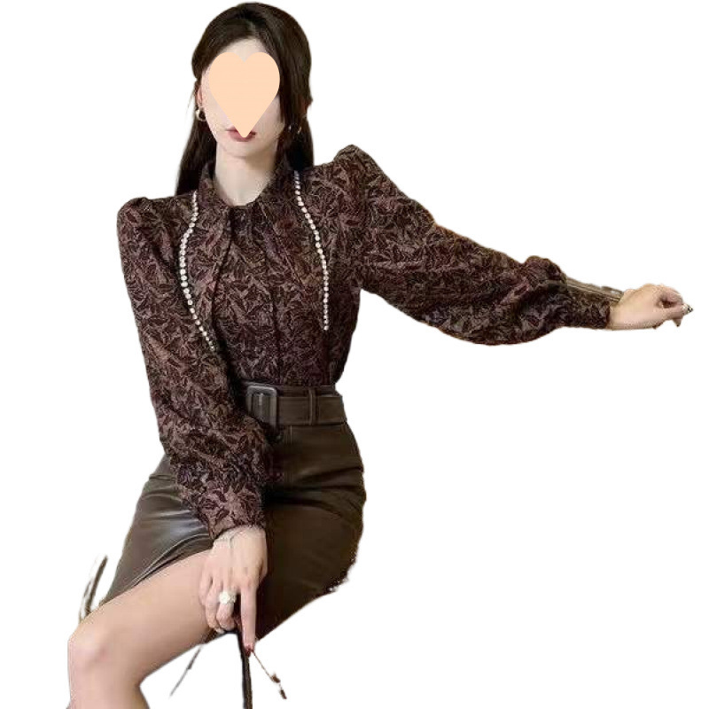 韩版小众大尖领衬衣女显瘦名媛暗纹提花镶钻打底长袖上衣衬衫|undefined
