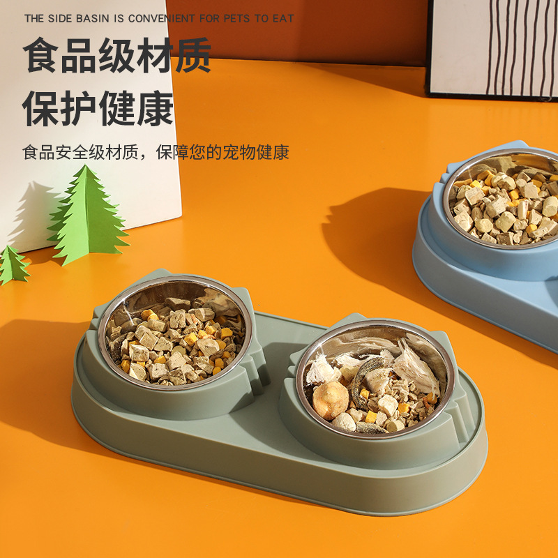 Transfronterizo nuevo tazón para mascotas al por mayor doble tazón cara de gato antidetonante de acero inoxidable Pet Bowl lindo gato tazón de arroz tazón de gato