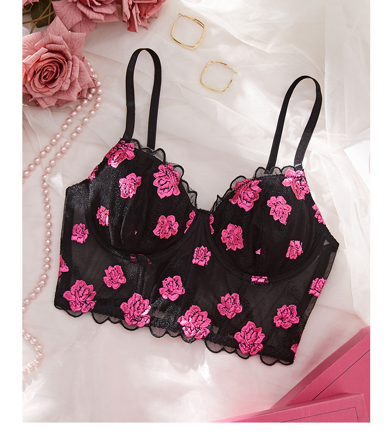 Exquisite Rose Lace Embroidered Sheer Mesh Bra Set With Adjustable 3-Row Hook & Eye Closure - Sensual Bustier Corset For Women_voghion.com