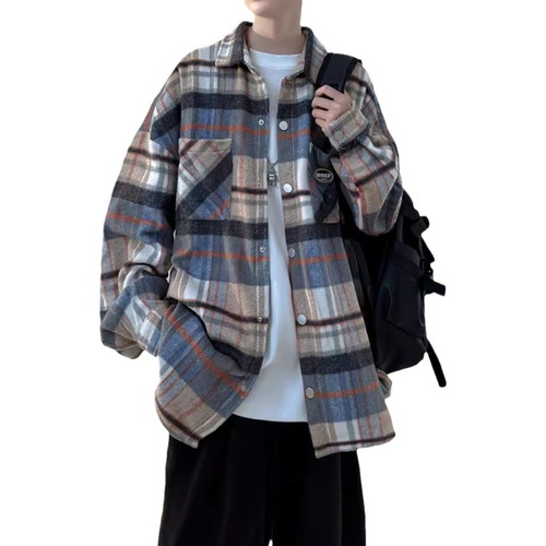 Men's Spring and Autumn Long-Sleeve Shirt with Floral Style, Loose Checkered Blouse, Plus Size Trendy Youth Stand Collar Jacket