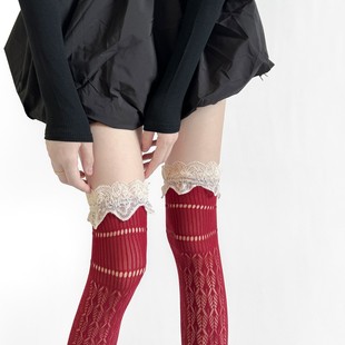 Japanese Retro Lace Hollow Diamond Plaid Over-The-Knee Socks for Women, Summer Thin Jk Beautiful Leg Socks, Stacked Calf