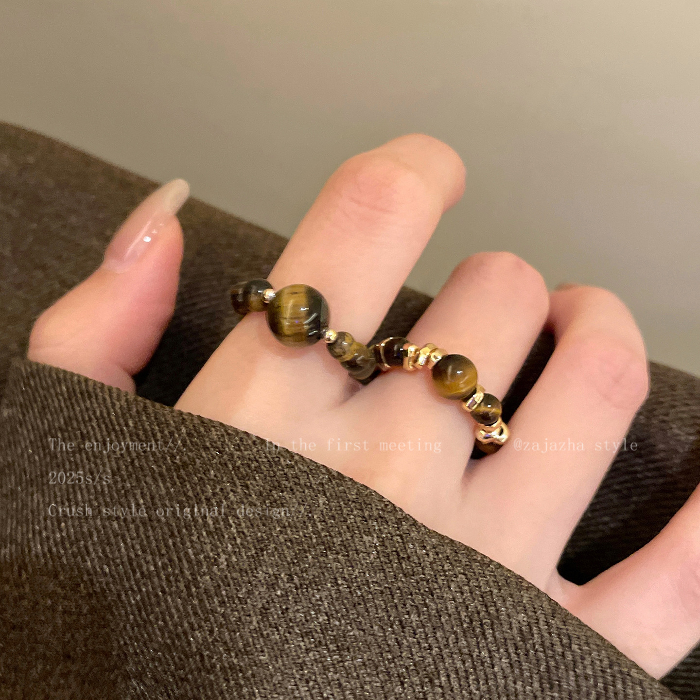 浮光跃金~虎眼石串珠拼接戒指女士小众设计高级感食指戒叠戴指环