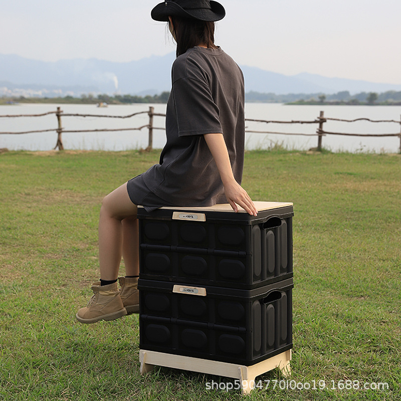 Acampar al aire libre caja de almacenamiento plegable cubierta de madera estilo industrial negro mesa de café multifuncional caja de almacenamiento coche tronco