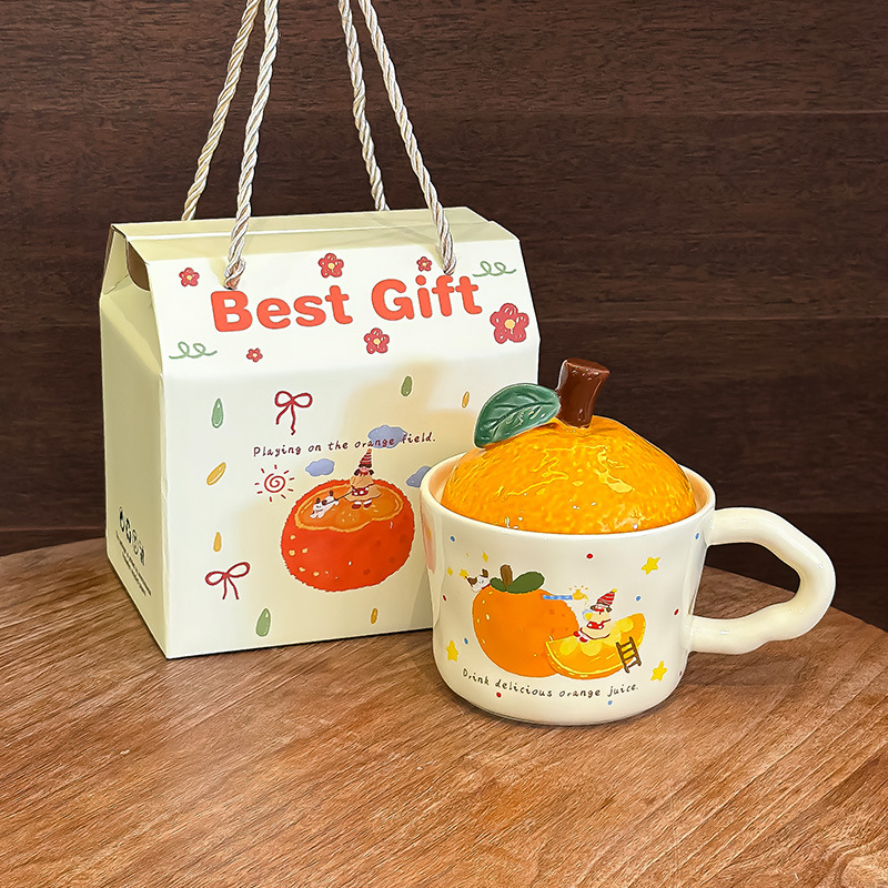 Taza de agua naranja, regalo de cumpleaños de oficina, taza de cerámica, taza con tapa, regalo de mano, taza encantadora de agua potable doméstica