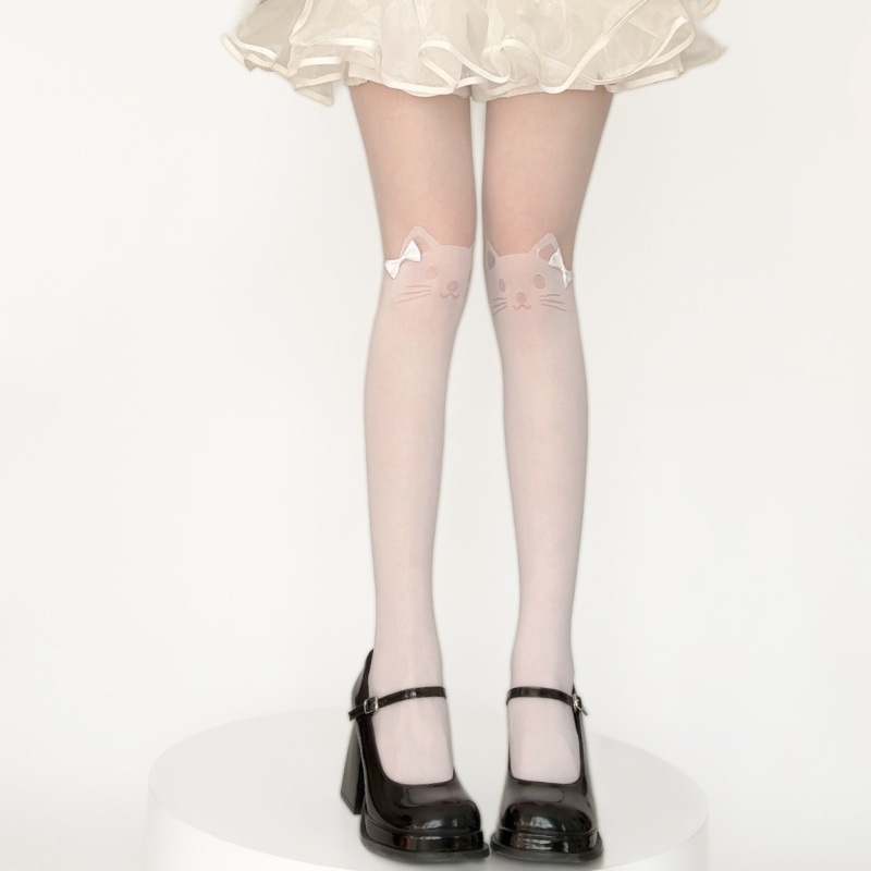 Estilo japonés falso alto-top sobre la rodilla falso muslo de dibujos animados falso alto-top gato cola costura medias pantimedias polainas