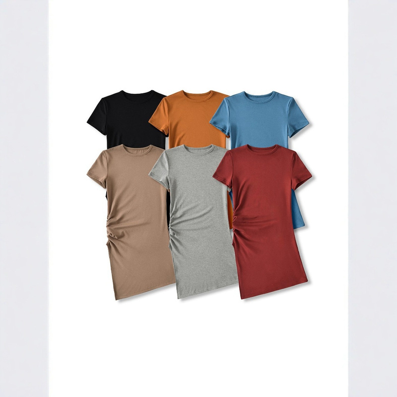 2025 Spring New Short Sleeve Side Slit Pleated Solid Color Hot Girl Women's Mid-Length Tops Wholesale