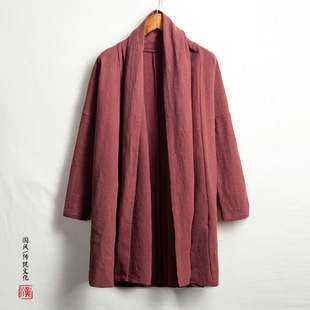2022 autumn and winter New Chinese style men's solid color linen Hanfu men's cotton and linen trendy mid-length trench coat