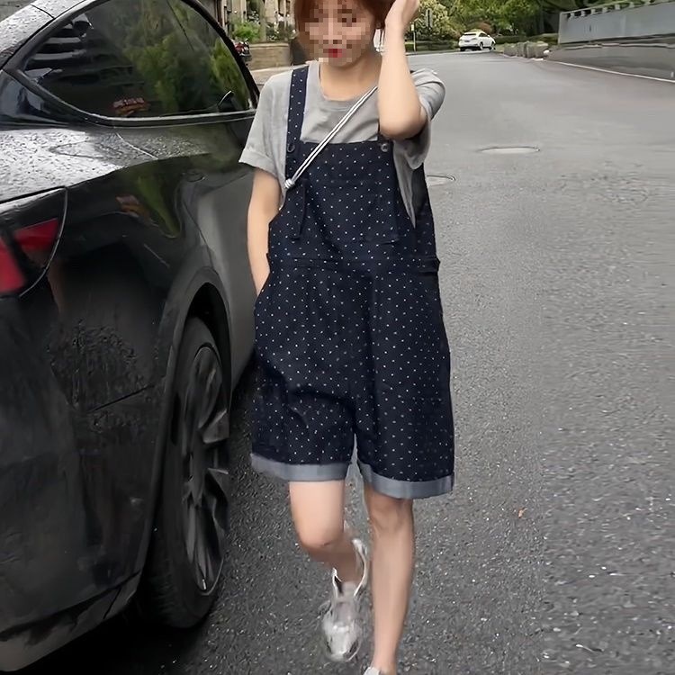 感减龄波点牛仔背带裤女2025夏季新款百搭宽松显瘦连体裤短裤