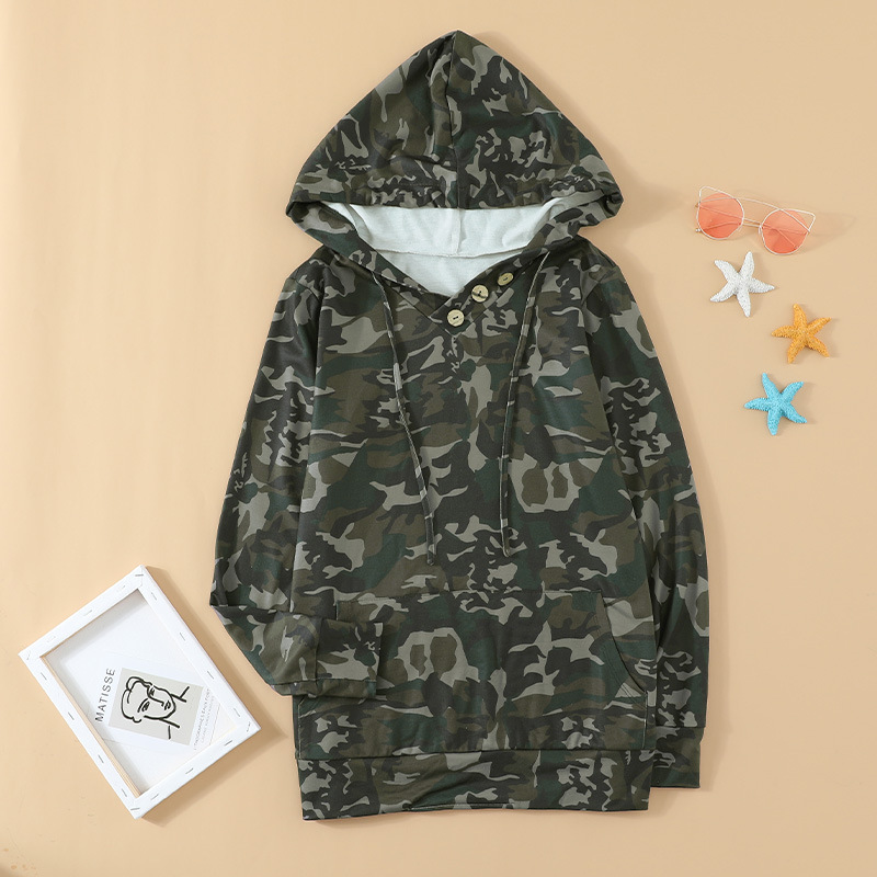 时颖欧美卫衣女2022秋冬新款印花排扣半开襟有口袋休闲连帽女卫衣