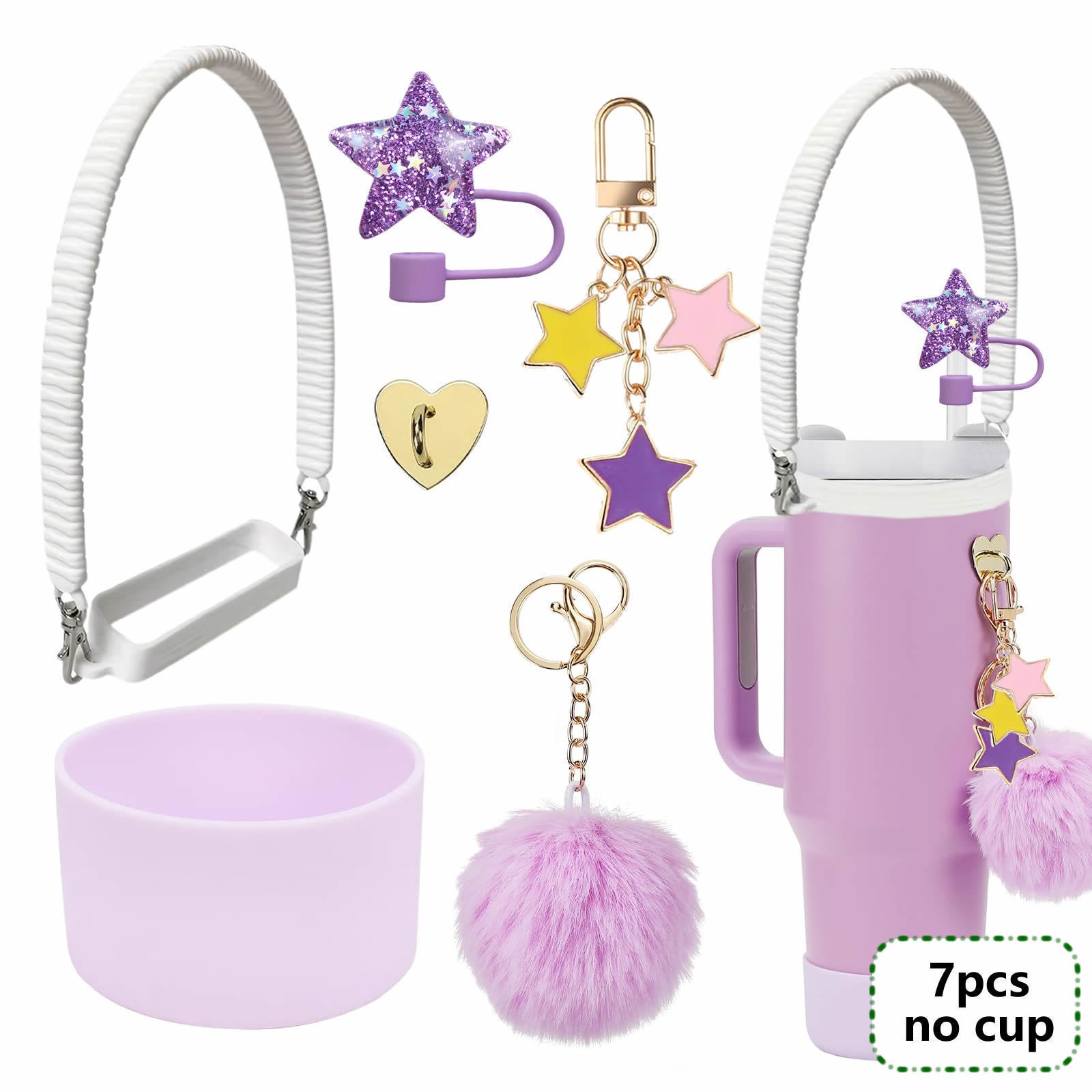 7pcs taza Stanley cuerda de mano colgante de silicona flor tapa de pajita bola de felpa colgante de copa cadena de taza de color