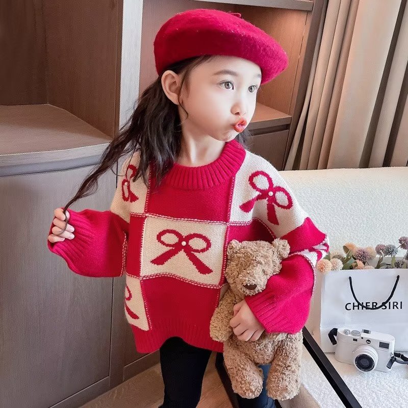 女童红色毛衣冬季新款儿童洋气针织衫中大童女孩秋冬宝宝上衣童装