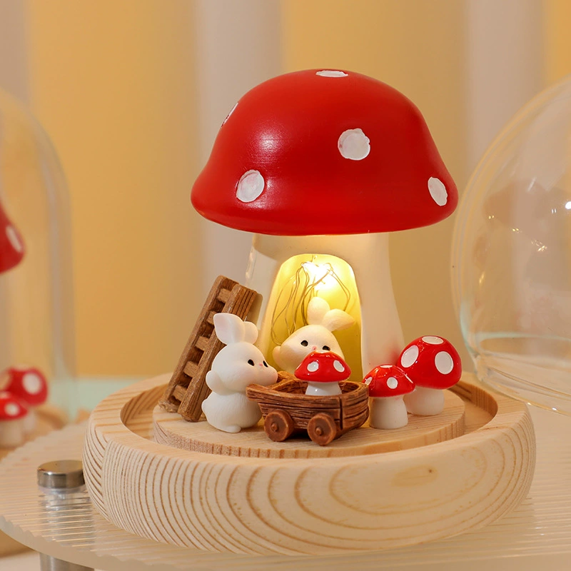 Handmade night light, glass dome with rabbit and mushroom scene — tabletop bedroom decor, gift