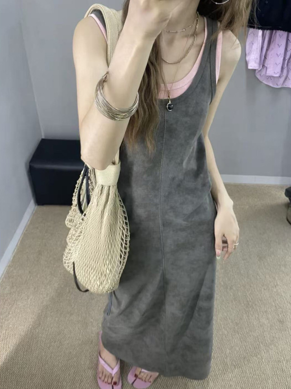 假两件立体裁剪吊带背心连衣裙女夏法式赫本风针织长款无袖裙跨境|undefined