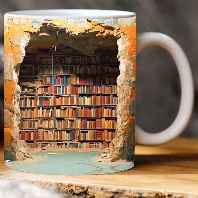 3D空洞bookshelf书架图书馆陶瓷咖啡马克杯子茶水杯新款书迷Book