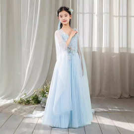 中国风儿童演出服民乐古筝大童女童演奏古典舞浅蓝色古风主持礼服