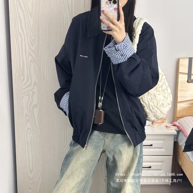Reversible couple jacket, 2026 spring/autumn new collection, American retro style, loose-fitting casual top with a stand-up collar, suitable for petite figures Reversible couple jacket, 2026 spring/autumn new collection, American retro style, loose-fitting casual top with a stand-up collar, suitable for petite figures