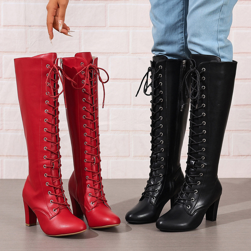Dropshipping Cross-Border Plus-Size Women's Leather Boots 2025 Winter New Fashion Round-Toe Lace-Up Side Zipper Over-The-Knee Long Boots Dropshipping Cross-Border Plus-Size Women's Leather Boots 2025 Winter New Fashion Round-Toe Lace-Up Side Zipper Over-The-Knee Long Boots