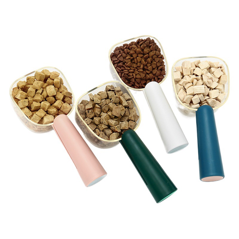 Comida para gatos y perros cuchara para mascotas mango largo clip de sellado comida pala cuchara taza de medición escala con suministros de medición de peluche