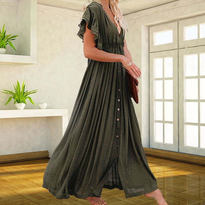 Solid Colour Long Beach Cover-up Dress Sun Protection Shirt_voghion.com