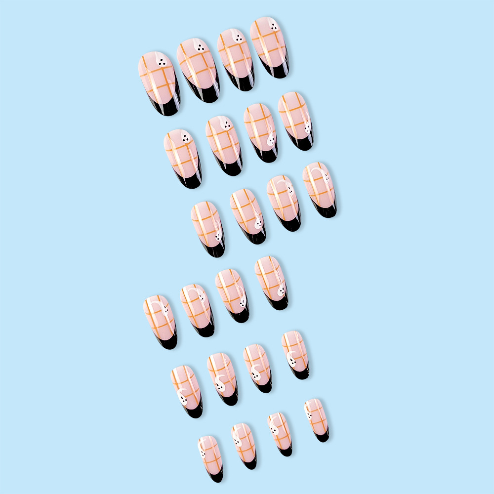 Negro estilo francés almendra cabeza redonda Plaid fantasma manicura atmósfera universal desgaste pieza de uñas parche de uñas falsas