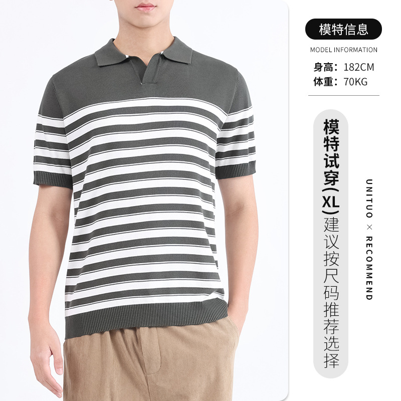 Polo de seda de hielo de alta gama Camiseta casual de negocios de manga corta con cuello en V de alta gama para hombres Camiseta a rayas image 7