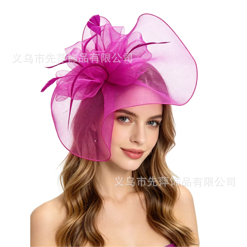 2026 New Large Top Hat Headpiece with Mesh and Feather Headpiece, Bridal Veil, Prom Hat, Extravagant Headpiece for Horse Racing Festival