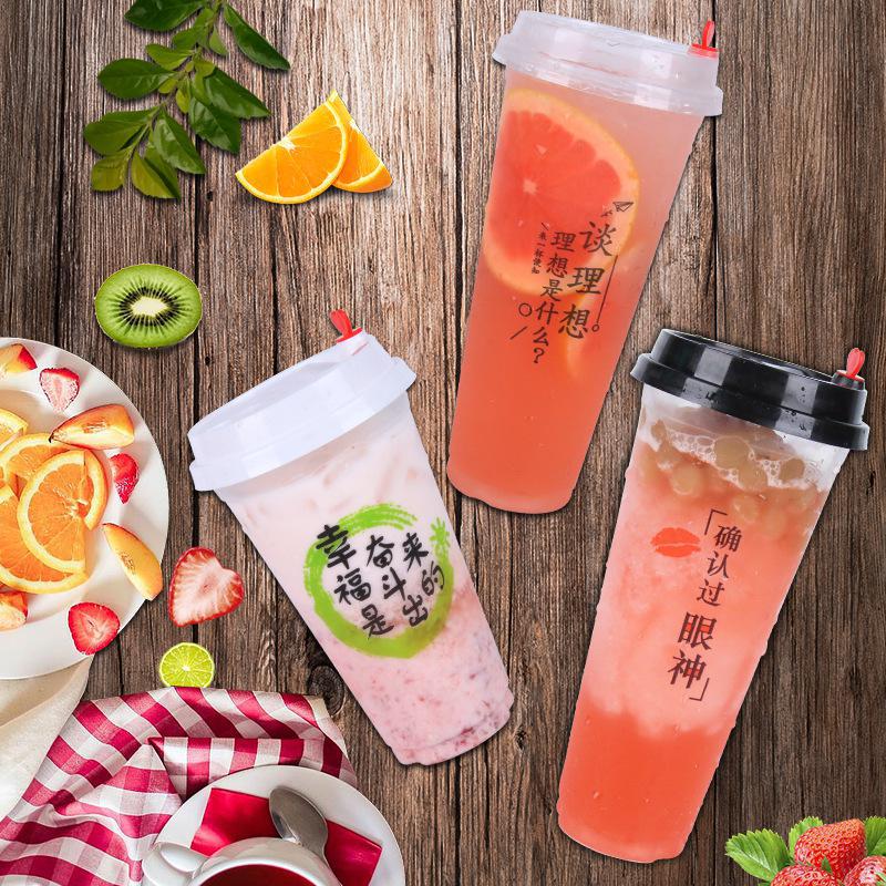 90 caliber milk tea cup disposable plastic thickened cup with lid transparent soy milk juice beverage commercial dessert cup