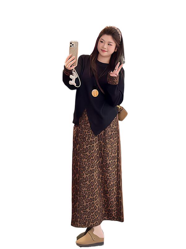 大码胖mm设计感不规则开叉显瘦上衣女秋季高腰复古豹纹半身裙套装|undefined