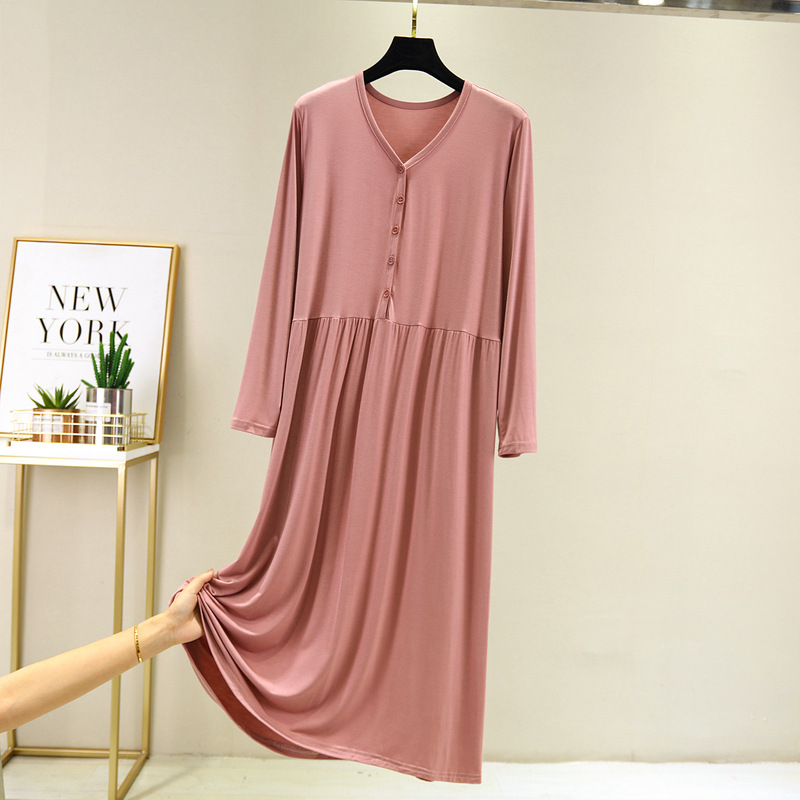 Long Sleeve Dress Women's Modal Pajamas Loose Fashionable Nightdress Nursing Large Size Home Clothes for Middle-aged Pregnant Women