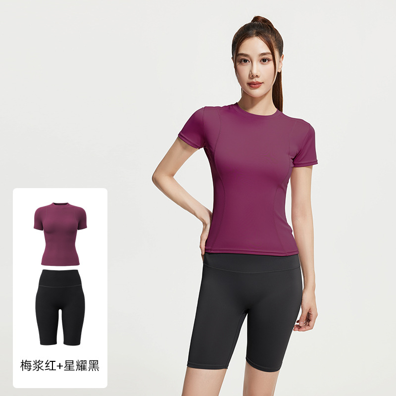 Juyi Tang verano yoga camisa de mangas cortas para mujeres delgada secado rápido y transpirable ajuste deportivo para correr y fitness set