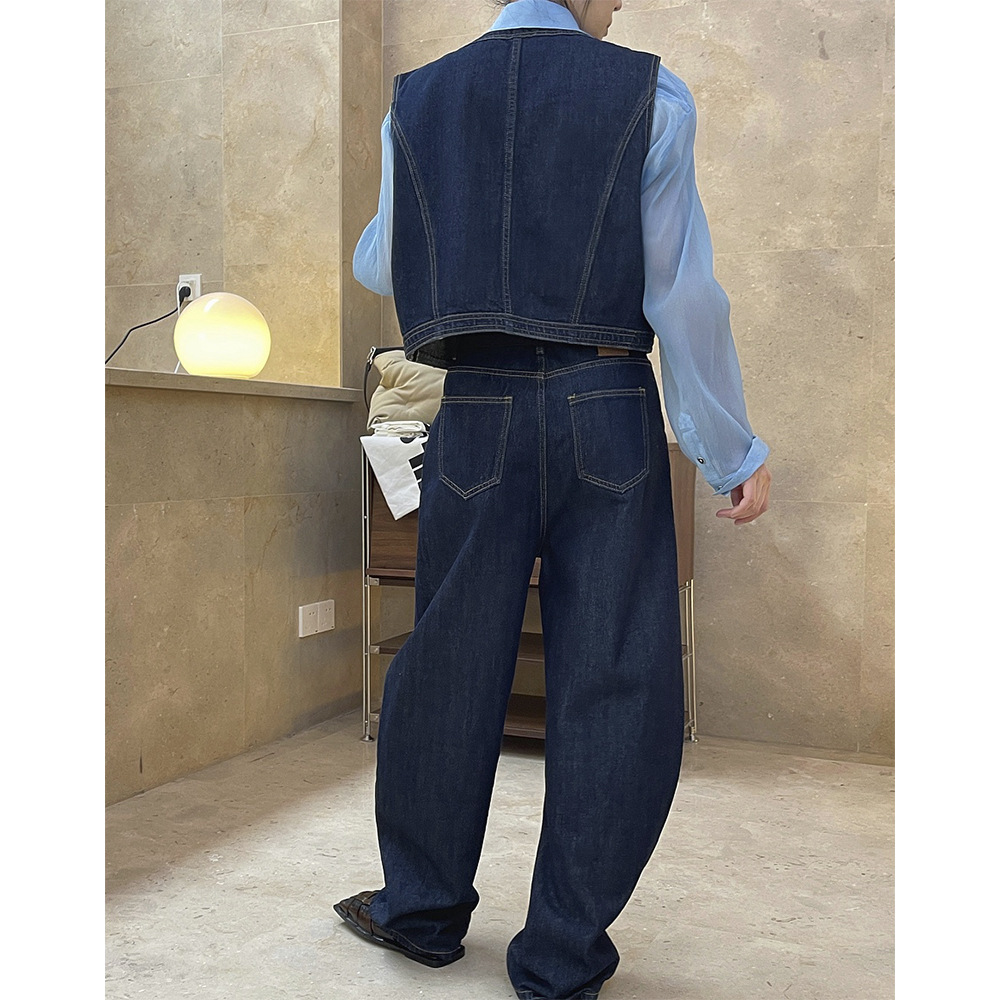 Lufu otoño nueva moda artística retro original vaca estilo sin cuello Denim chaleco cintura alta corto sin mangas chaleco para las mujeres image 4