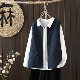 日系复古蓝色马甲女春季休闲百搭牛仔背心马夹外套上衣早秋女