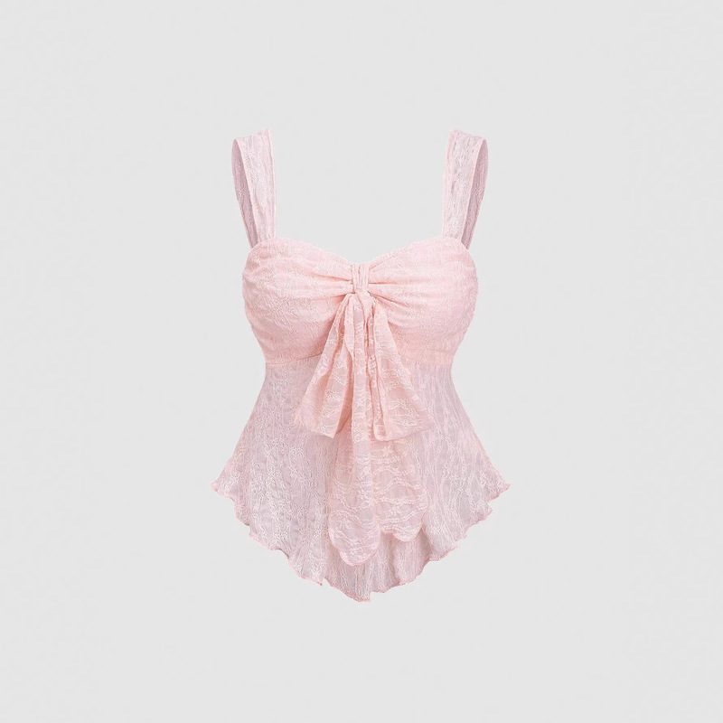 French-Style Solid Color Lace Jacquard Camisole with Bow Decoration, Waist-Cinching Short Top, Gentle and Pure Style for Layering French-Style Solid Color Lace Jacquard Camisole with Bow Decoration, Waist-Cinching Short Top, Gentle and Pure Style for Layering