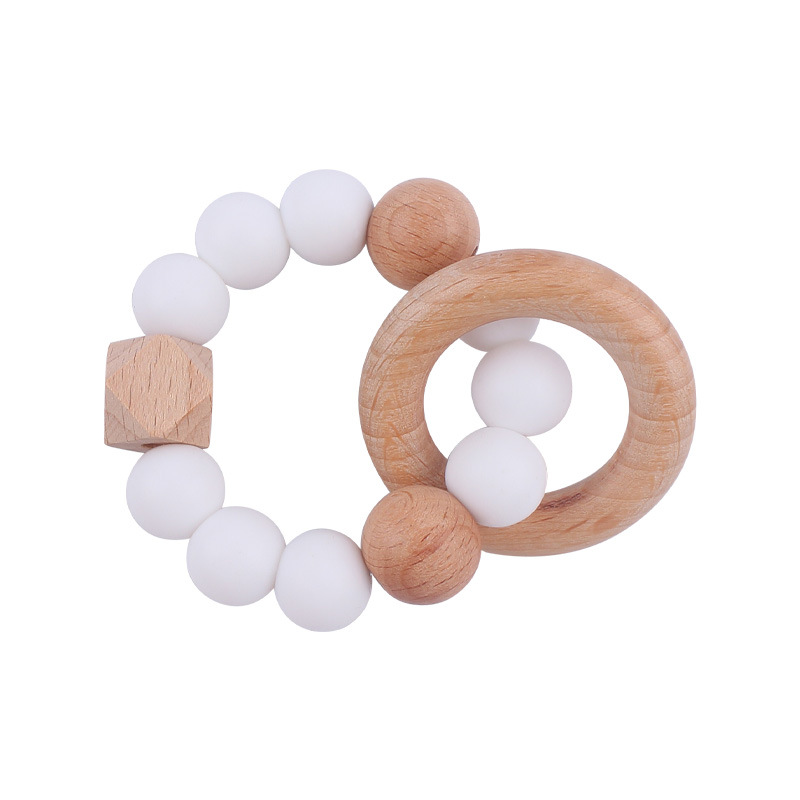 Nuevo bebé suministros de madera de haya anillo mordedor calmante bebé cuentas de silicona mordida molar pulsera mordedor juguete
