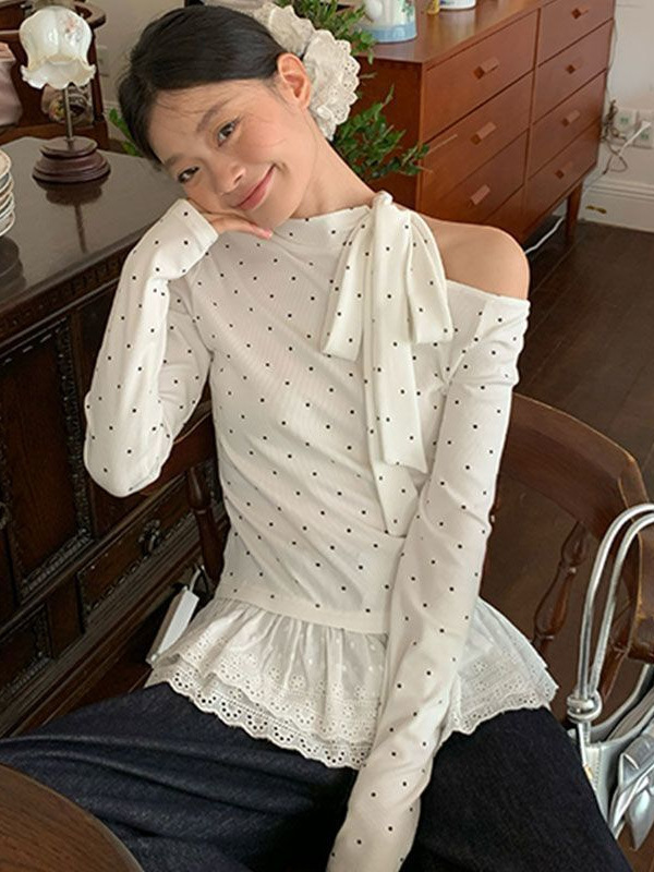 纯欲风白色波点绑带露肩打底衫女修身花边设计感内搭长袖T恤上衣|undefined