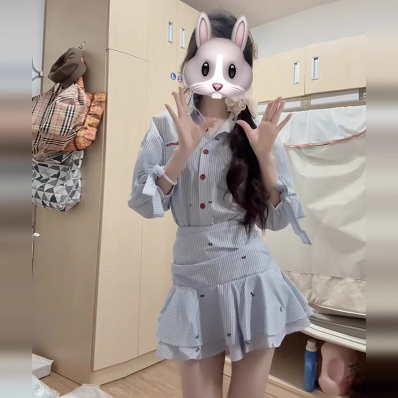 学院风miu系蓝色衬衫连衣裙子女装2025新款秋季气质收腰百褶短裙|undefined