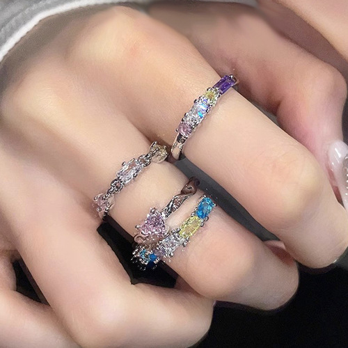 Ring for Women, Light Luxury, Unconventional Design, High-End, Unique, Colorful Zirconia, Sweet and Cool, Contrast Colors, Dreamy Rainbow Open Finger Ring