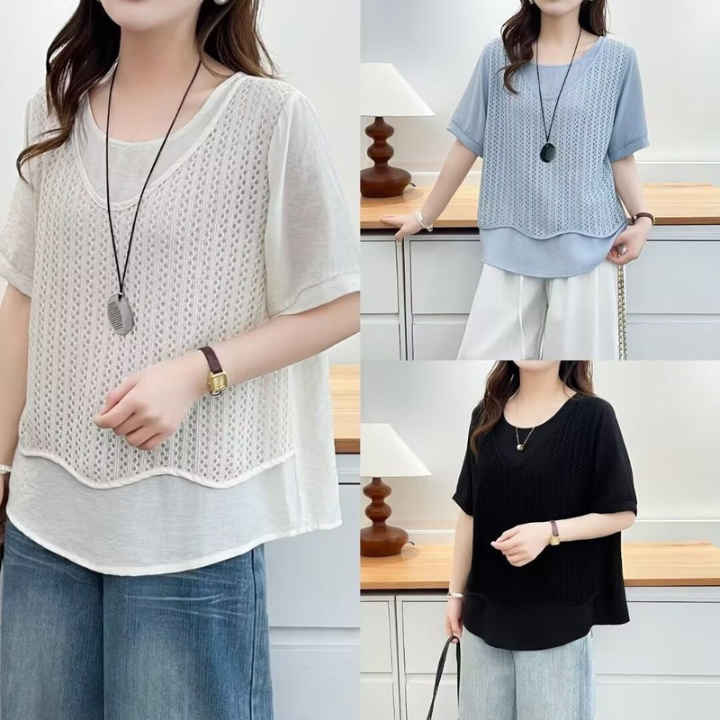 Plus-Size Women's Summer Fashion Hollow-Out Design Fake Two-Piece Spliced Loose-Fitting Slimming Short-Sleeve Shirt Plus-Size Women's Summer Fashion Hollow-Out Design Fake Two-Piece Spliced Loose-Fitting Slimming Short-Sleeve Shirt