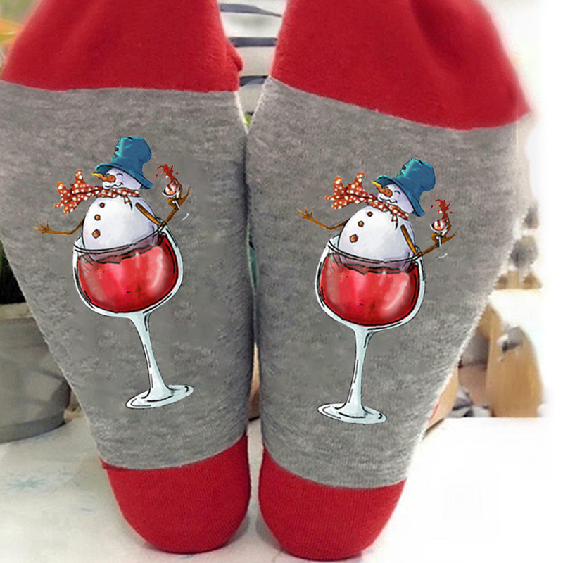 Calcetines navideños con letras de colores en contraste, estampado de muñeco de nieve, calcetines unisex de algodón con elementos navideños para comercio exterior.