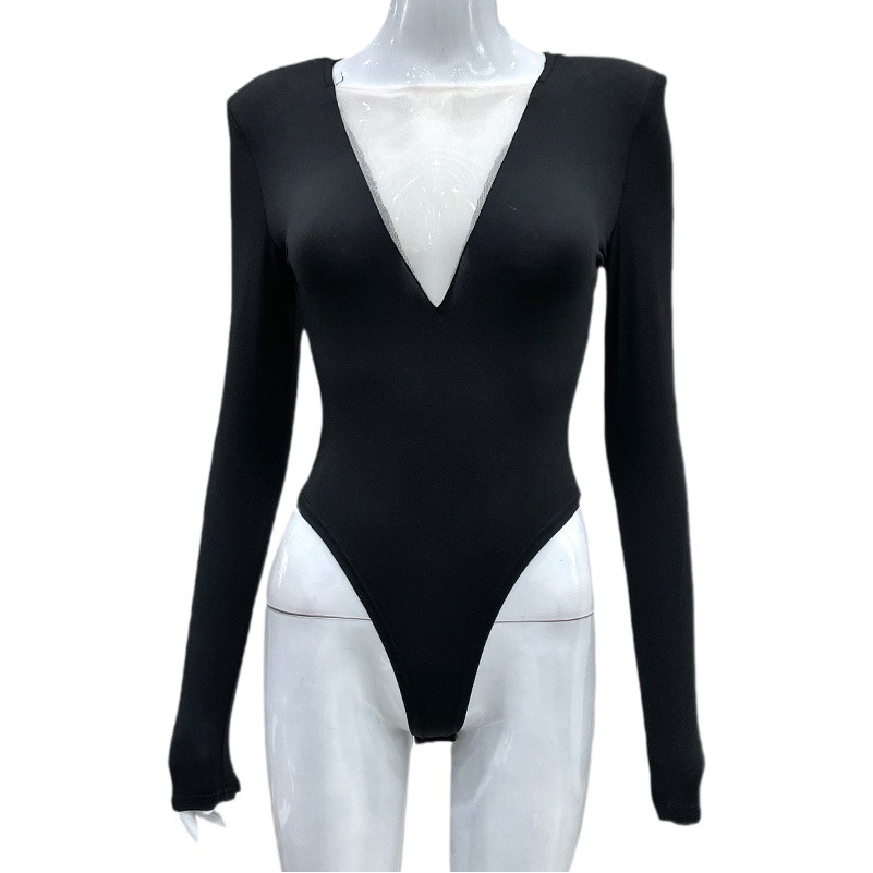 Venta caliente transfronteriza europea y americana ropa de mujer sexy cuello en V malla costura perspectiva moda hombrera temperamento de manga larga mono mujer