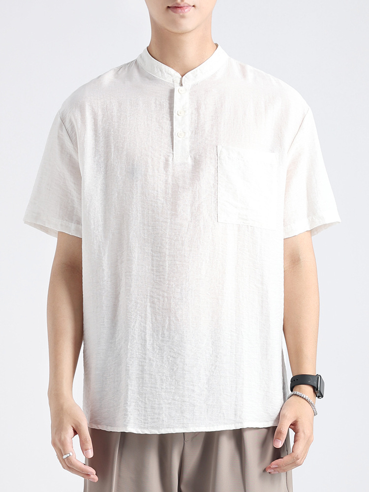 Camisa de manga corta de color sólido con cuello woffge Henry de gama alta Camiseta de verano para hombre Camisa de lino transpirable delgada suelta