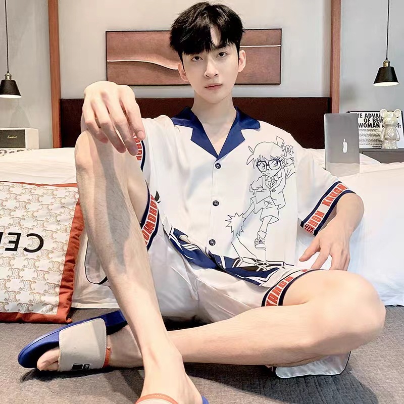 Pajamas for Men Summer Ice Silk Short-Sleeved Cartoon Teenagers Imitation Silk Boys' Summer Home Wear Suit Breathable