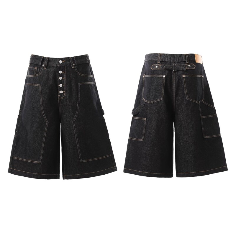 American Retro Black Deconstructed Workwear Denim Cropped Pants for Men and Women, New Summer Style, Loose and Versatile Wide-Leg Mid-Length Jeans