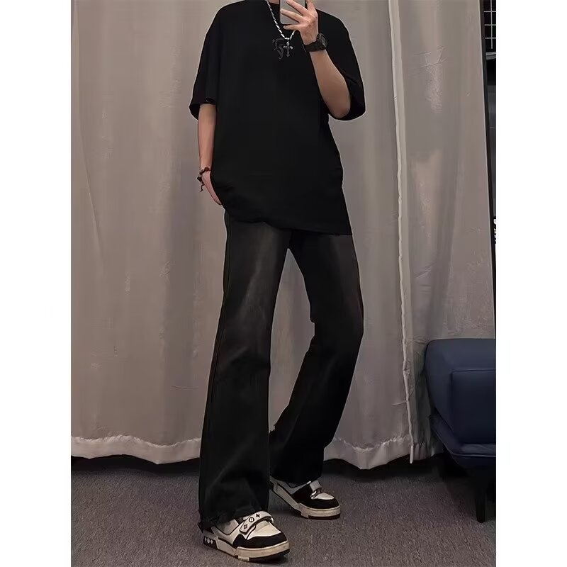 2024 primavera y otoño nuevo estilo americano calle alta suelta recta pantalones largos casuales negros marca de moda jeans para hombres