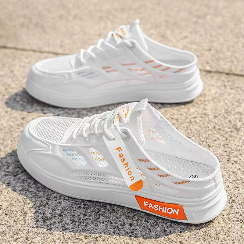 Men's Summer Cloth Shoes, Breathable, Non-Slip, Heelless Driving Shoes, Slip-On Half-Slip Fly-Knit Sports Casual Shoes for Men