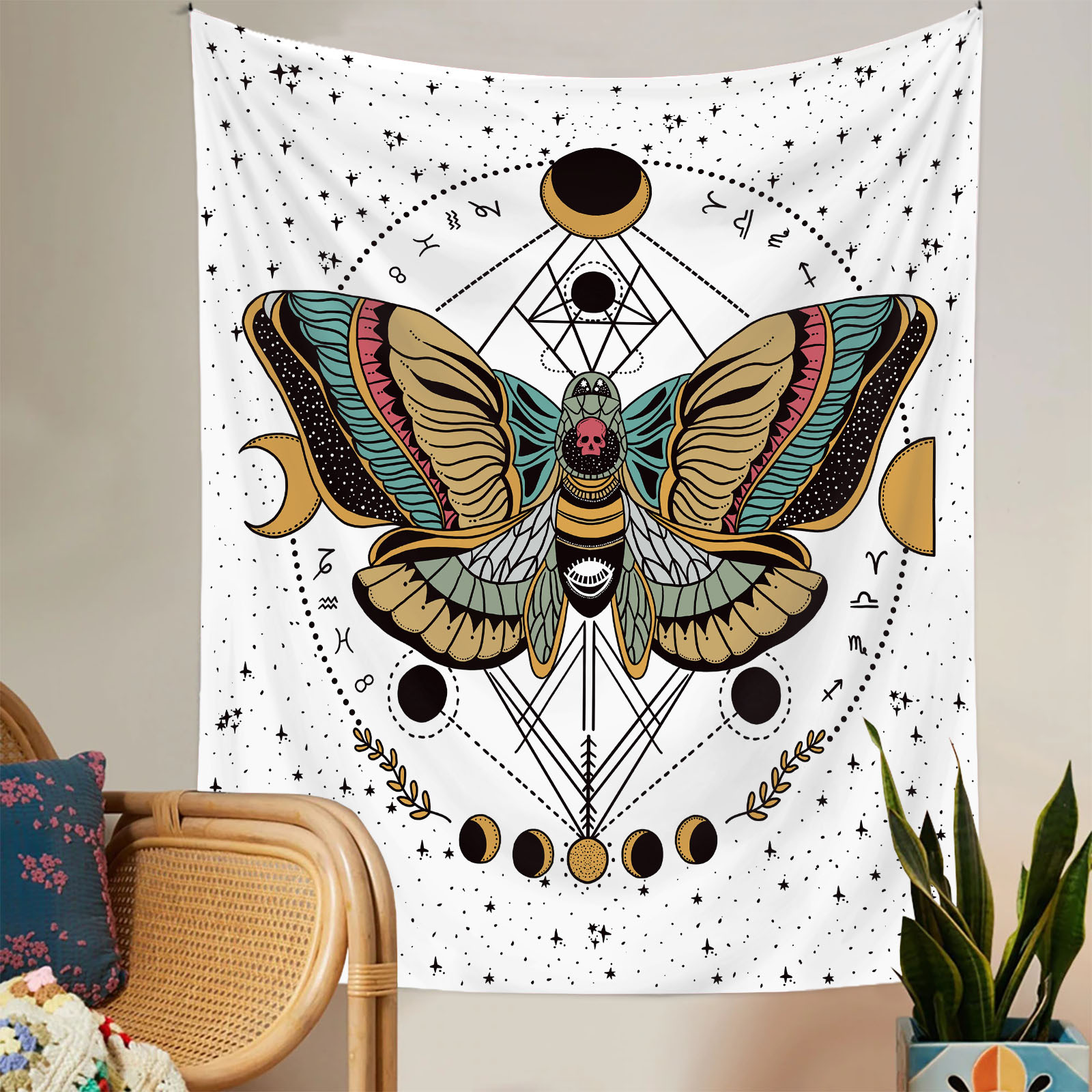 Polyester, short plush Material Retro Moon Flower Butterfly Polyester Short Plush Tapestry