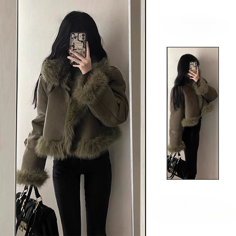 Chanel-Style Faux Fur Suede Short Jacket for Women, Autumn and Winter, High-End Thickened Petite Biker Top