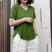 2025抖音爆款原创女装遮肉V领时尚大码纯色甜美短袖百搭宽松显瘦