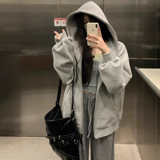 慵懒风连帽开衫女拉链加绒加厚卫衣秋冬季重磅潮牌纯色外套男上衣