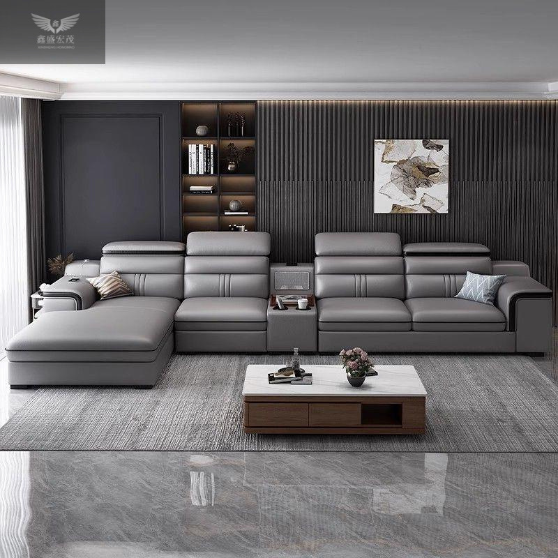 Sala de estar sala de estar multifuncional sofá de cuero moderno y simple, sofá de diseño de combinación de consorte de apartamento grande de lujo ligero